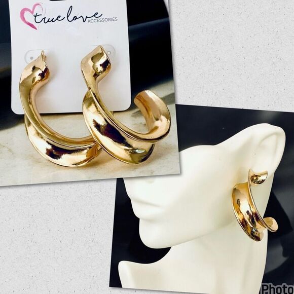 NWT True Love Gold Polished Chunky Heavy Twisted C Shape Open Hoop Earrings - Picture 1 of 16